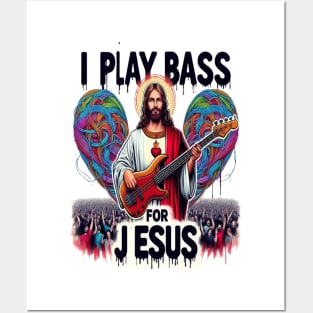 Jesus Depicted as a Bass Guitarist Performing for a Cheering Crowd Posters and Art